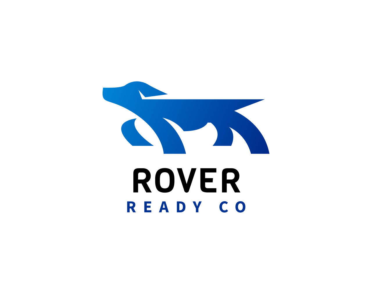 Blue silhouette of a dog in mid-stride above the text "READY GO" in a clean, modern font, representing airline-approved dog travel gear for stress-free pet travel.